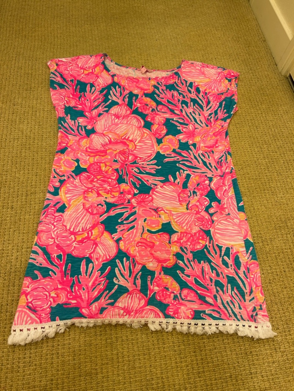 Lilly Pulitzer Tilla Coverup Pink Blue floral Fringe Tassels Small size M